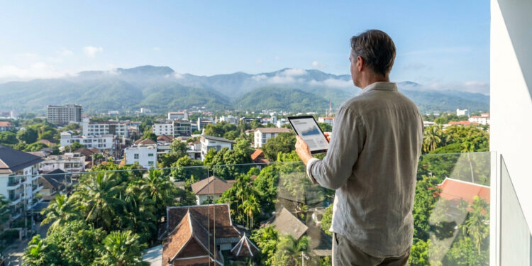 Un homme sur un balcon surplombant Chiang Mai avec une tablette, analysant des données immobilières.