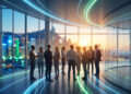 Groupe de professionnels en discussion dans un bureau moderne avec vue sur une ville connectée et lumineuse.