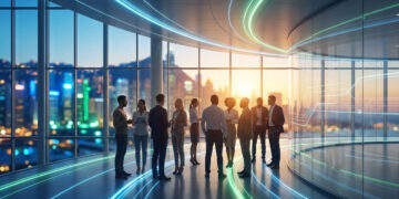 Groupe de professionnels en discussion dans un bureau moderne avec vue sur une ville connectée et lumineuse.
