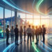 Groupe de professionnels en discussion dans un bureau moderne avec vue sur une ville connectée et lumineuse.