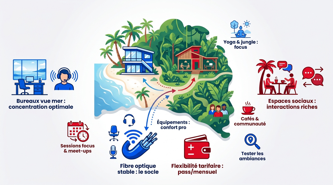 Espace de coworking avec vue sur mer à Koh Phangan pour nomades digitaux