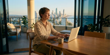 Une femme travaille sur son ordinateur portable avec une vue panoramique sur une ville côtière au coucher du soleil.