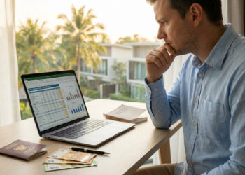Homme concentré travaillant sur un ordinateur portable avec un passeport et des billets en euros sur un bureau ensoleillé.