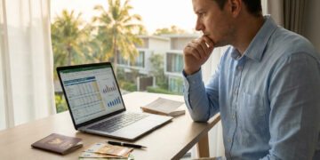 Homme concentré travaillant sur un ordinateur portable avec un passeport et des billets en euros sur un bureau ensoleillé.