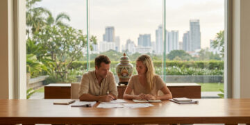 Couple expatrié discutant de documents juridiques devant une fenêtre donnant sur la skyline de Bangkok.
