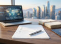 Bureau avec ordinateur portable, documents administratifs, passeport et checklist sur fond de paysage urbain.