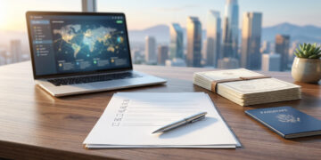 Bureau avec ordinateur portable, documents administratifs, passeport et checklist sur fond de paysage urbain.
