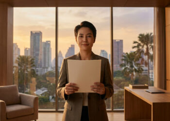 Une femme d'affaires tenant un document devant une fenêtre avec vue sur un paysage urbain thaïlandais au coucher du soleil.