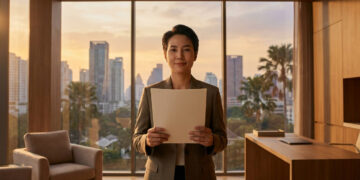 Une femme d'affaires tenant un document devant une fenêtre avec vue sur un paysage urbain thaïlandais au coucher du soleil.