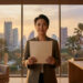 Une femme d'affaires tenant un document devant une fenêtre avec vue sur un paysage urbain thaïlandais au coucher du soleil.