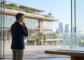 Un homme en costume regarde un écran transparent affichant un diagramme de flux complexe devant un campus moderne.