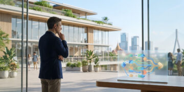 Un homme en costume regarde un écran transparent affichant un diagramme de flux complexe devant un campus moderne.
