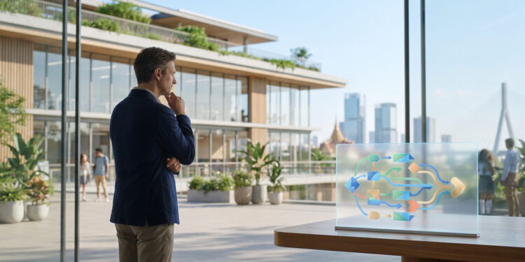 Un homme en costume regarde un écran transparent affichant un diagramme de flux complexe devant un campus moderne.