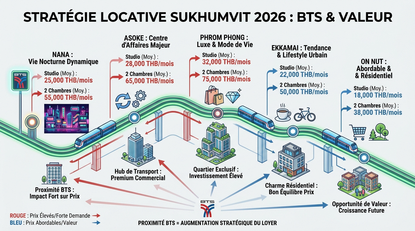 Graphique des prix de location à Sukhumvit selon la proximité du BTS en 2026