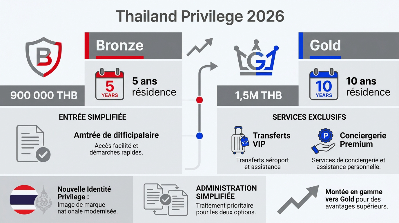 Comparaison des forfaits Thailand Privilege Bronze et Gold pour l'année 2026
