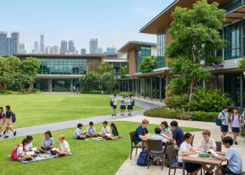 Élèves en uniforme sur le campus verdoyant d'une école internationale avec les gratte-ciel de Bangkok en arrière-plan.
