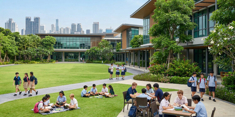 Élèves en uniforme sur le campus verdoyant d'une école internationale avec les gratte-ciel de Bangkok en arrière-plan.