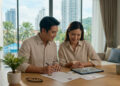 Un couple asiatique souriant examine un contrat et une tablette dans un appartement moderne avec vue urbaine en Thaïlande.