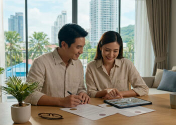 Un couple asiatique souriant examine un contrat et une tablette dans un appartement moderne avec vue urbaine en Thaïlande.
