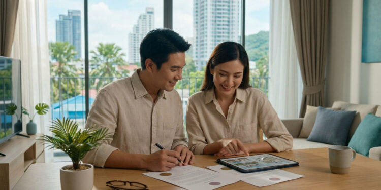 Un couple asiatique souriant examine un contrat et une tablette dans un appartement moderne avec vue urbaine en Thaïlande.