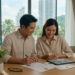 Un couple asiatique souriant examine un contrat et une tablette dans un appartement moderne avec vue urbaine en Thaïlande.
