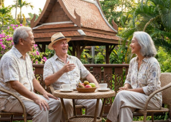 Trois retraités discutent et sourient autour d'une table sur une terrasse en Thaïlande.