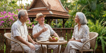 Trois retraités discutent et sourient autour d'une table sur une terrasse en Thaïlande.