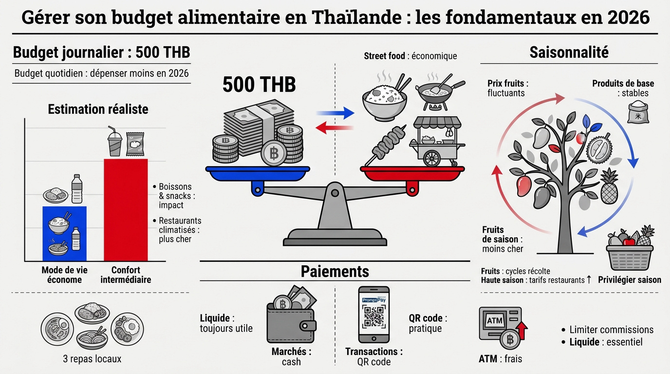 budget alimentaire quotidien de 500 bahts en Thaïlande incluant repas et snacks locaux
