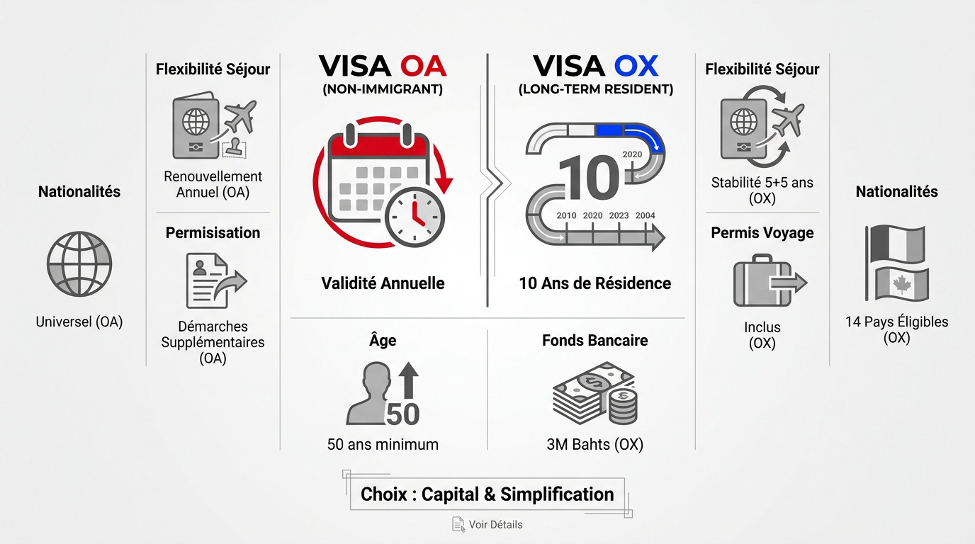 Tableau comparatif des conditions financières et durées des visas retraite OA et OX pour la Thaïlande