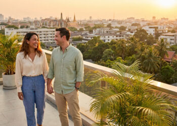 Un couple heureux se tenant la main sur une terrasse avec une vue panoramique sur une ville au coucher du soleil.