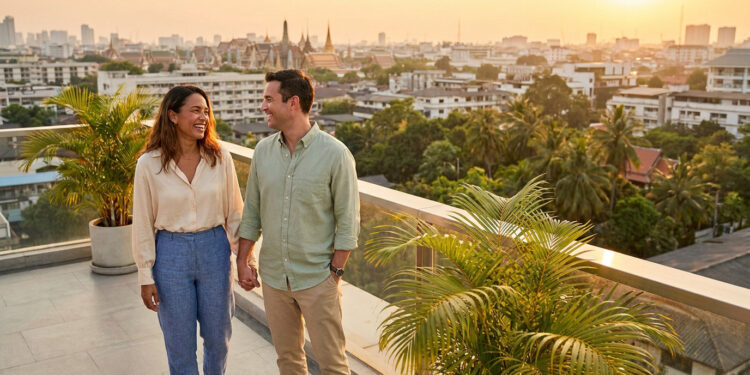 Un couple heureux se tenant la main sur une terrasse avec une vue panoramique sur une ville au coucher du soleil.