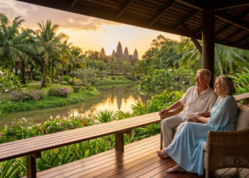 Couple de retraités admirant un temple au coucher du soleil depuis une terrasse en Thaïlande.
