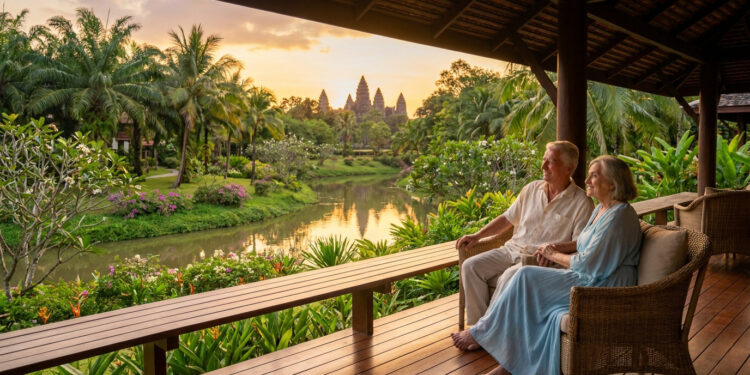 Couple de retraités admirant un temple au coucher du soleil depuis une terrasse en Thaïlande.