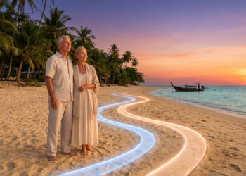 Couple de retraités sur une plage tropicale au coucher du soleil avec deux chemins lumineux symboliques au sol.