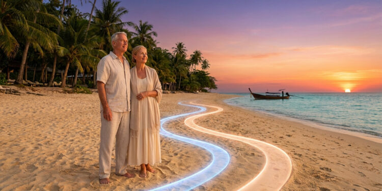 Couple de retraités sur une plage tropicale au coucher du soleil avec deux chemins lumineux symboliques au sol.