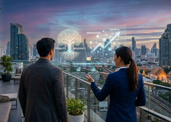 Deux professionnels regardant une interface holographique futuriste sur une terrasse surplombant Bangkok.
