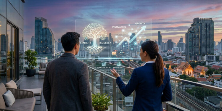 Deux professionnels regardant une interface holographique futuriste sur une terrasse surplombant Bangkok.
