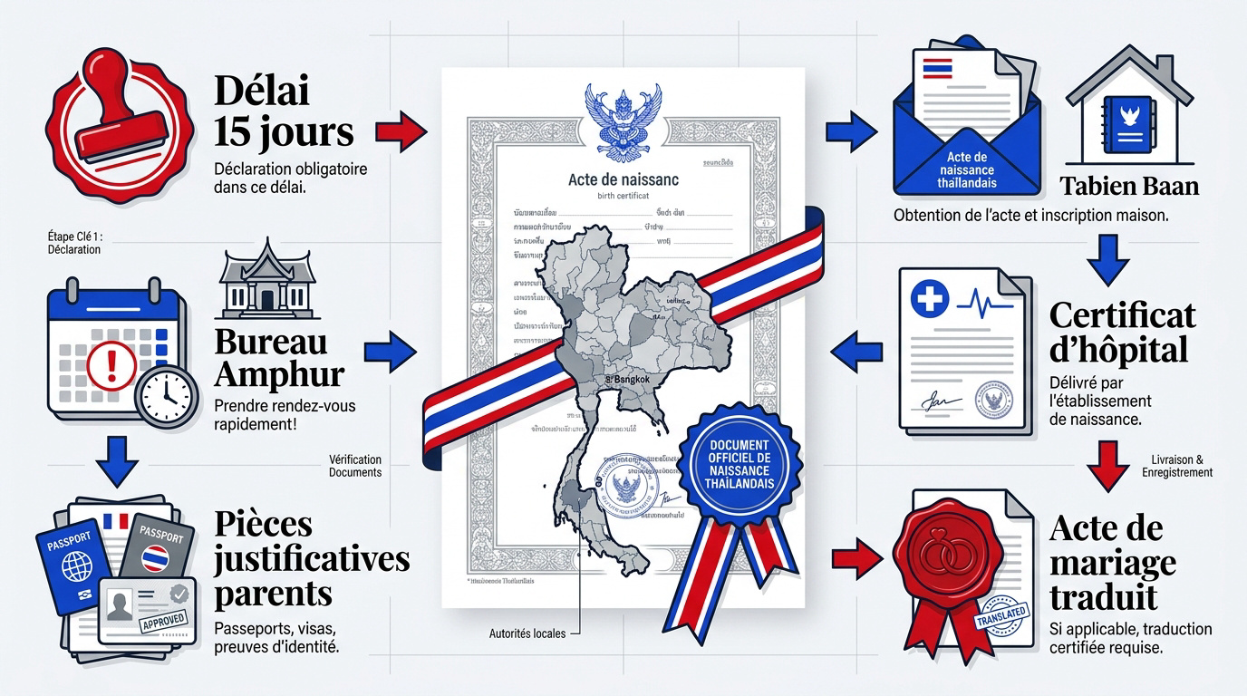 Infographie récapitulative des démarches administratives pour une naissance en Thaïlande