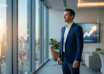 Un entrepreneur en costume regarde le panorama urbain depuis son bureau moderne avec un écran affichant une courbe en hausse.