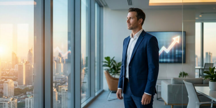 Un entrepreneur en costume regarde le panorama urbain depuis son bureau moderne avec un écran affichant une courbe en hausse.