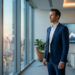 Un entrepreneur en costume regarde le panorama urbain depuis son bureau moderne avec un écran affichant une courbe en hausse.
