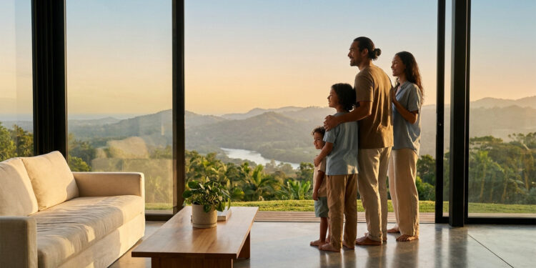 Une famille regarde par une baie vitrée un paysage vallonné au coucher du soleil dans un salon moderne.