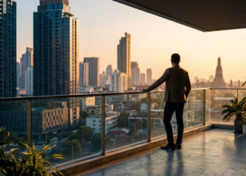 Un homme d'affaires regarde le coucher de soleil sur les gratte-ciels de Bangkok depuis une terrasse moderne.