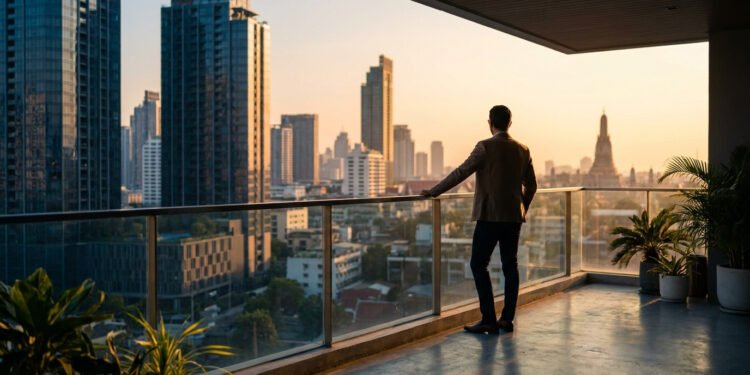 Un homme d'affaires regarde le coucher de soleil sur les gratte-ciels de Bangkok depuis une terrasse moderne.