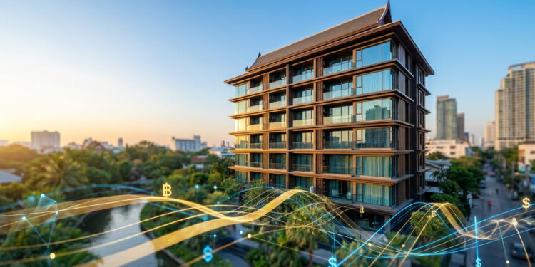 Immeuble résidentiel moderne en Thaïlande avec des graphiques financiers numériques superposés au coucher du soleil.
