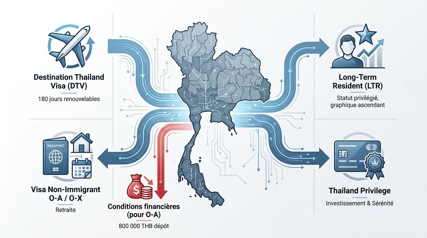 Infographie récapitulative des visas pour vivre en Thaïlande sans travailler