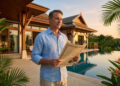Un homme tenant un document officiel devant une luxueuse villa thaïlandaise avec piscine au coucher du soleil.