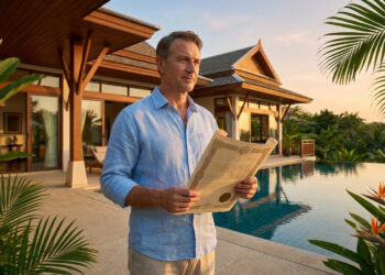 Un homme tenant un document officiel devant une luxueuse villa thaïlandaise avec piscine au coucher du soleil.