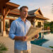 Un homme tenant un document officiel devant une luxueuse villa thaïlandaise avec piscine au coucher du soleil.