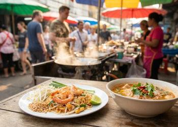 Assiette de Pad Thaï et bol de soupe traditionnelle posés sur une table en bois dans un marché de rue animé en Thaïlande.
